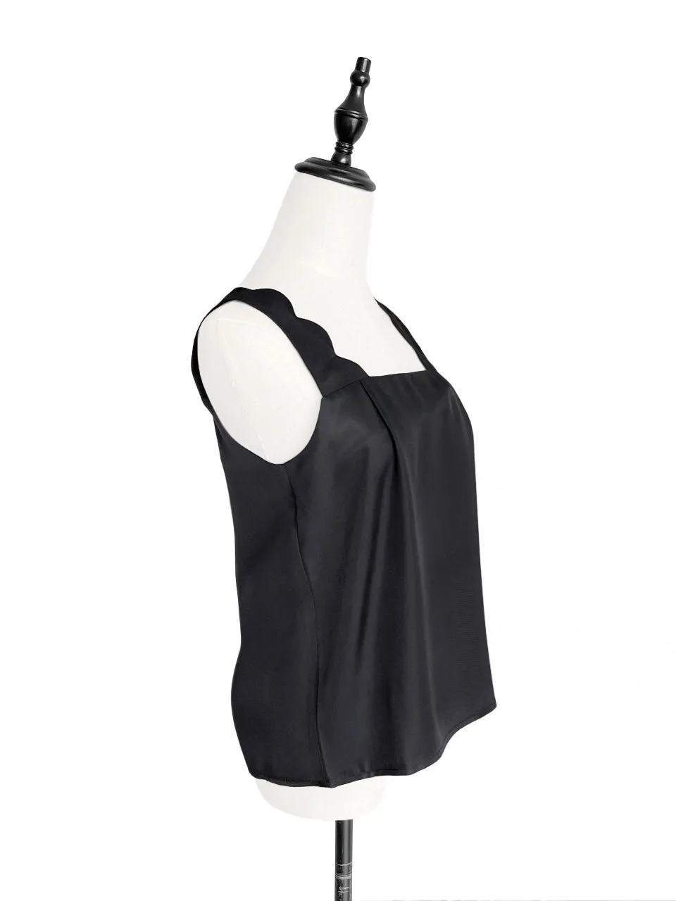 Last Chance! Classy Black Silk Scallop Detail Square Neck Tank