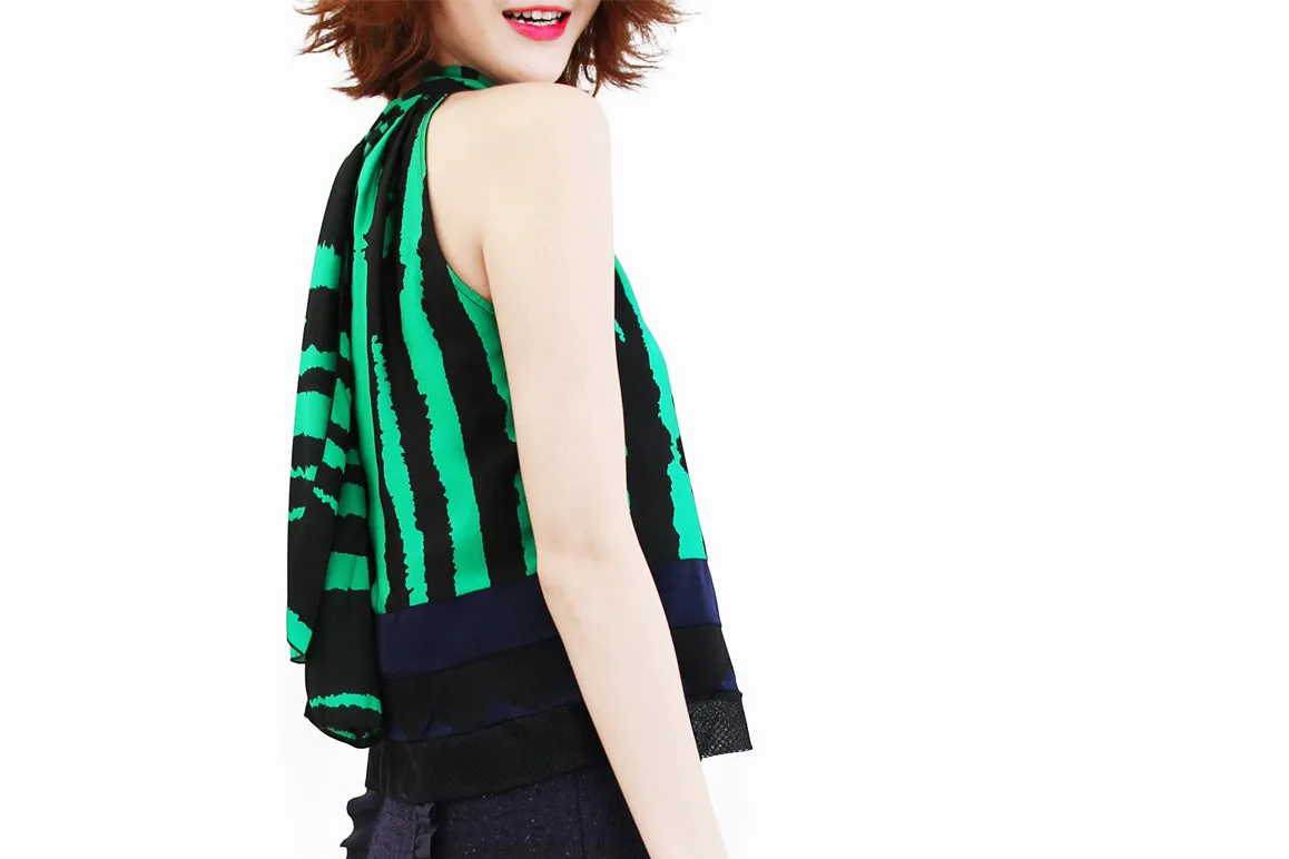 Last Chance! Green-Black Prints Scallop Patched Layer Edge Halter Top