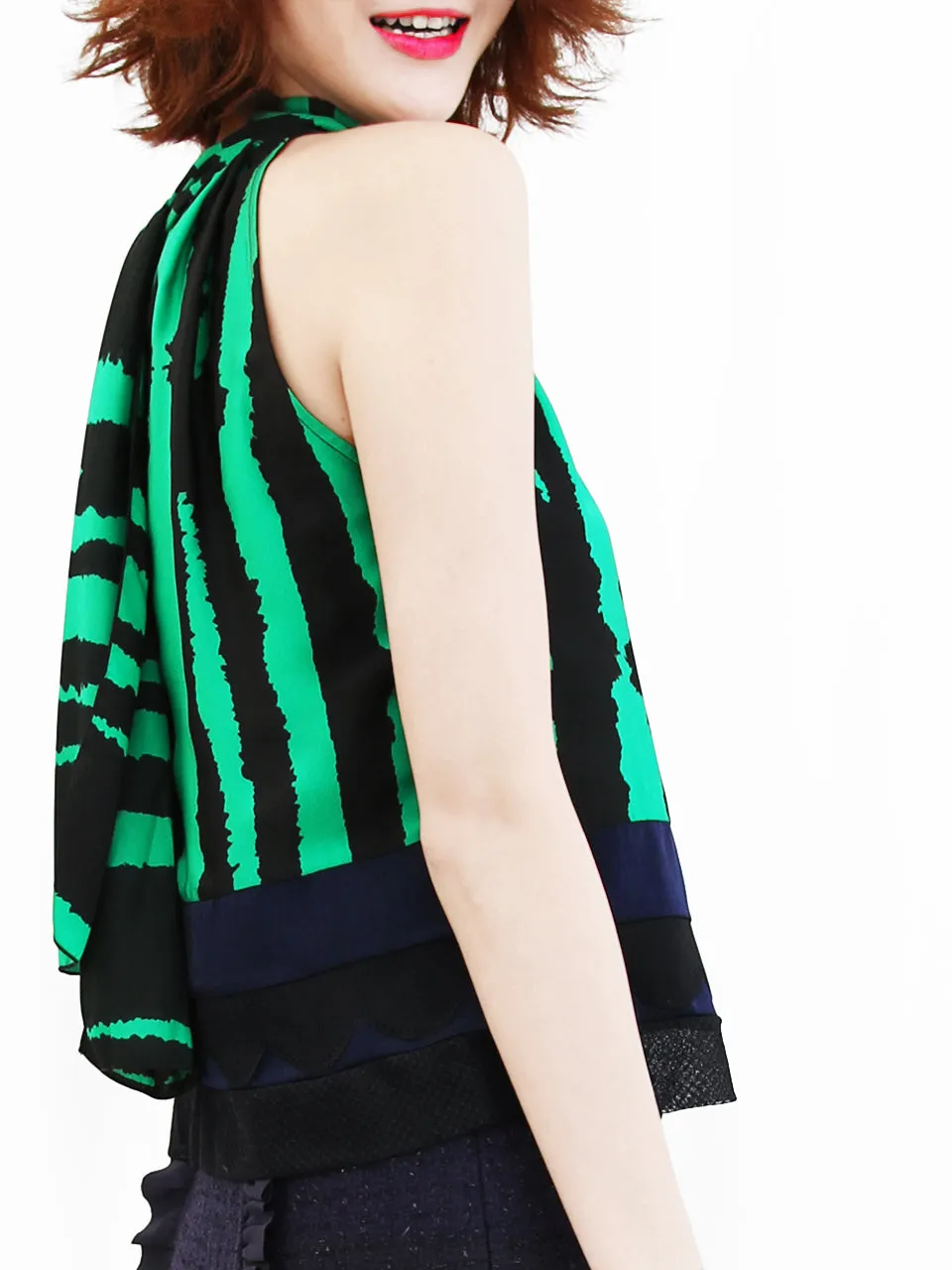 Last Chance! Green-Black Prints Scallop Patched Layer Edge Halter Top