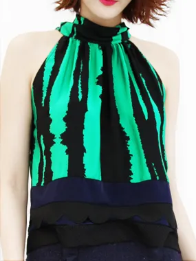 Last Chance! Green-Black Prints Scallop Patched Layer Edge Halter Top