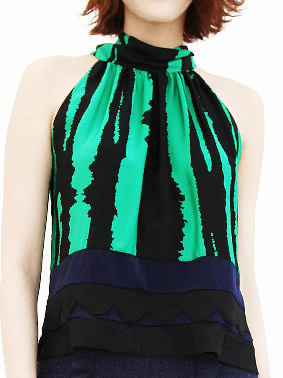 Last Chance! Green-Black Prints Scallop Patched Layer Edge Halter Top