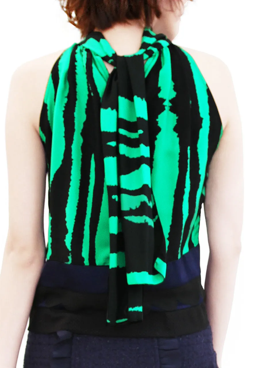 Last Chance! Green-Black Prints Scallop Patched Layer Edge Halter Top