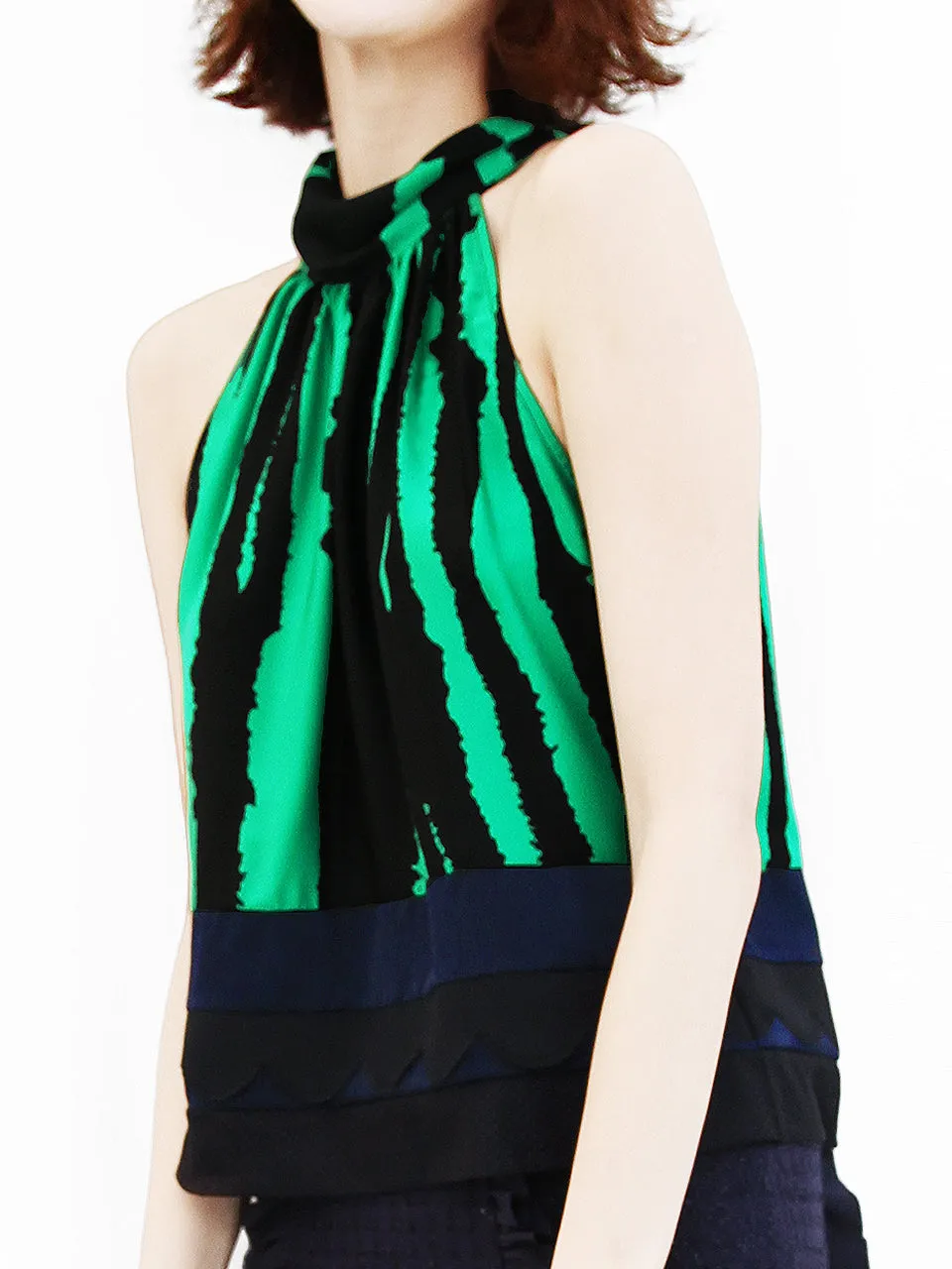 Last Chance! Green-Black Prints Scallop Patched Layer Edge Halter Top