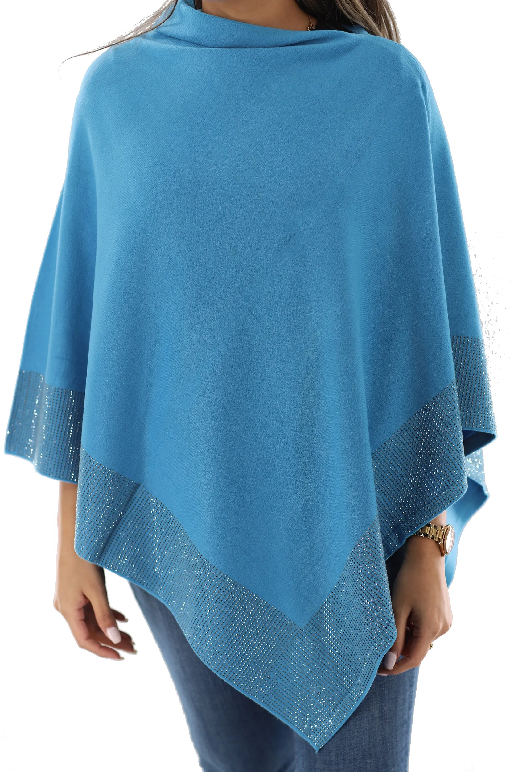 Lightweight Knitted Poncho with Embellished Border - Multiple Colors