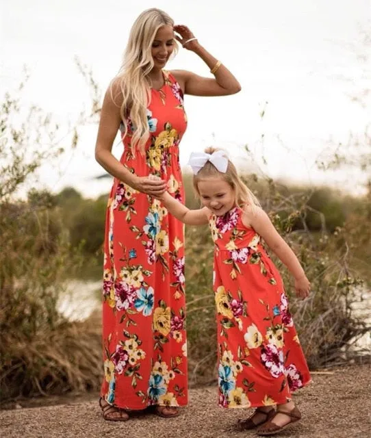 Matching Family Outfit - Mummy and Daughter Colourful Floral Long Dress