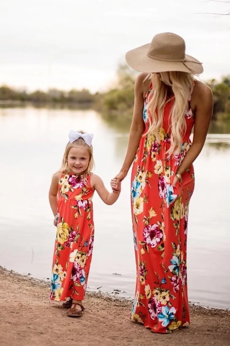 Matching Family Outfit - Mummy and Daughter Colourful Floral Long Dress