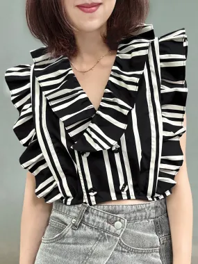 Mono Stripes Double Breasted Ruffles V-neck Crop Top