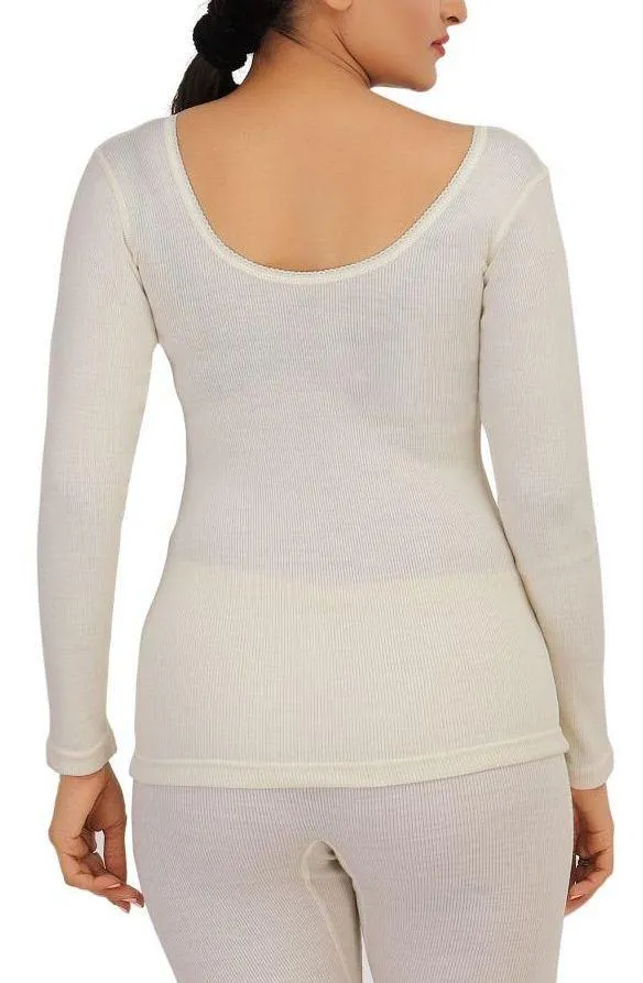 Monte Carlo Pure New Merino Wool Machine Washable 3/4 Sleeves Round Neck Thermal for Women Off White Color