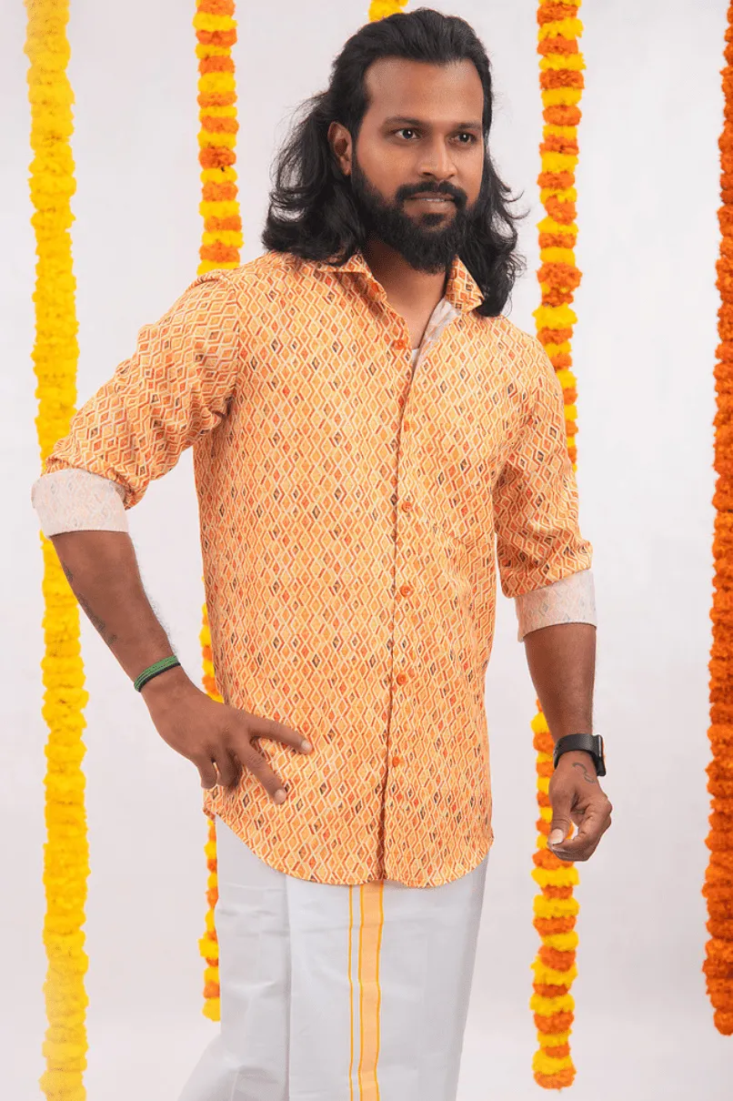 Orange Printed - Group Shirt and Matching Dhoti