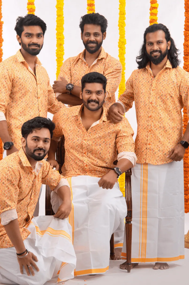 Orange Printed - Group Shirt and Matching Dhoti