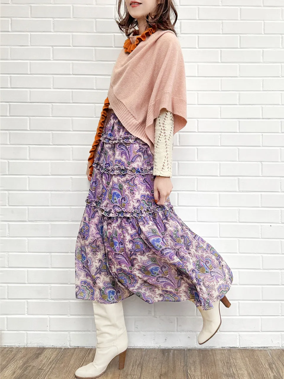 Purple Paisley Ruffle Tiers Chiffon Airy Maxi Skirt