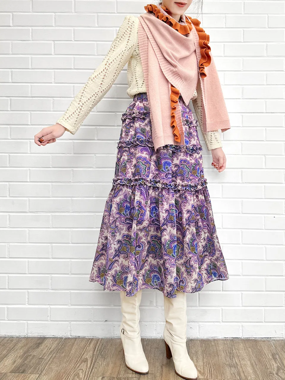 Purple Paisley Ruffle Tiers Chiffon Airy Maxi Skirt