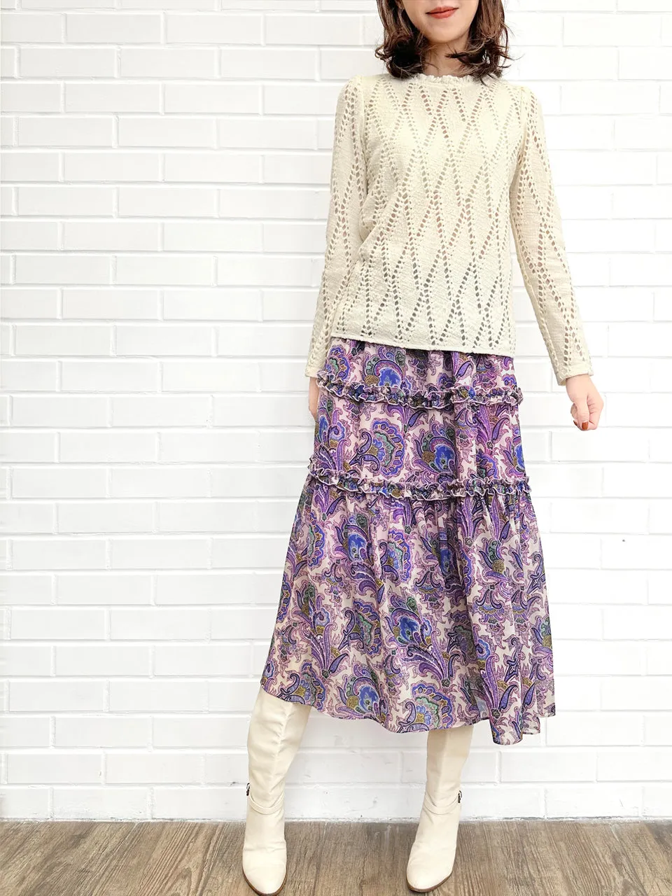 Purple Paisley Ruffle Tiers Chiffon Airy Maxi Skirt