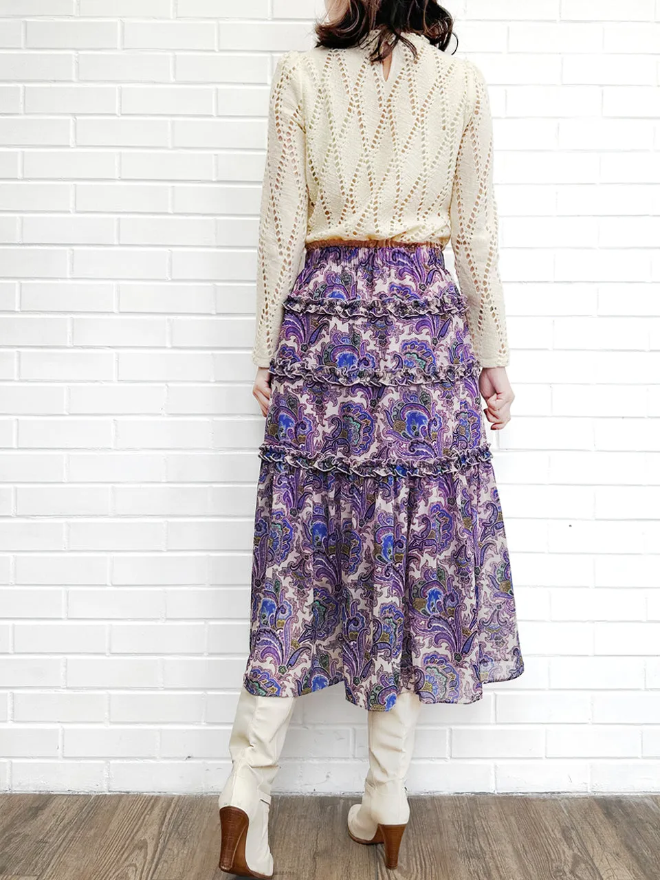 Purple Paisley Ruffle Tiers Chiffon Airy Maxi Skirt