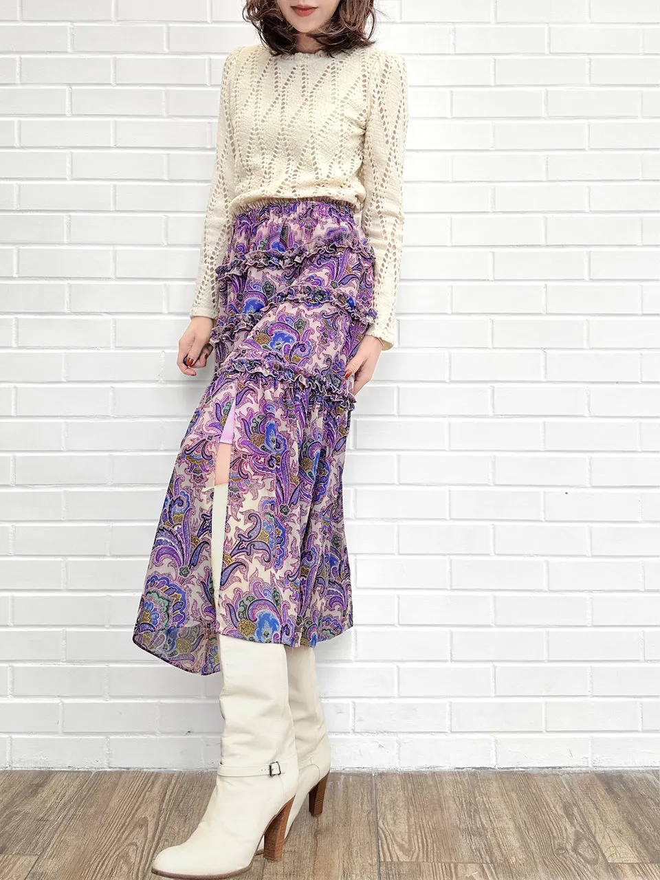 Purple Paisley Ruffle Tiers Chiffon Airy Maxi Skirt