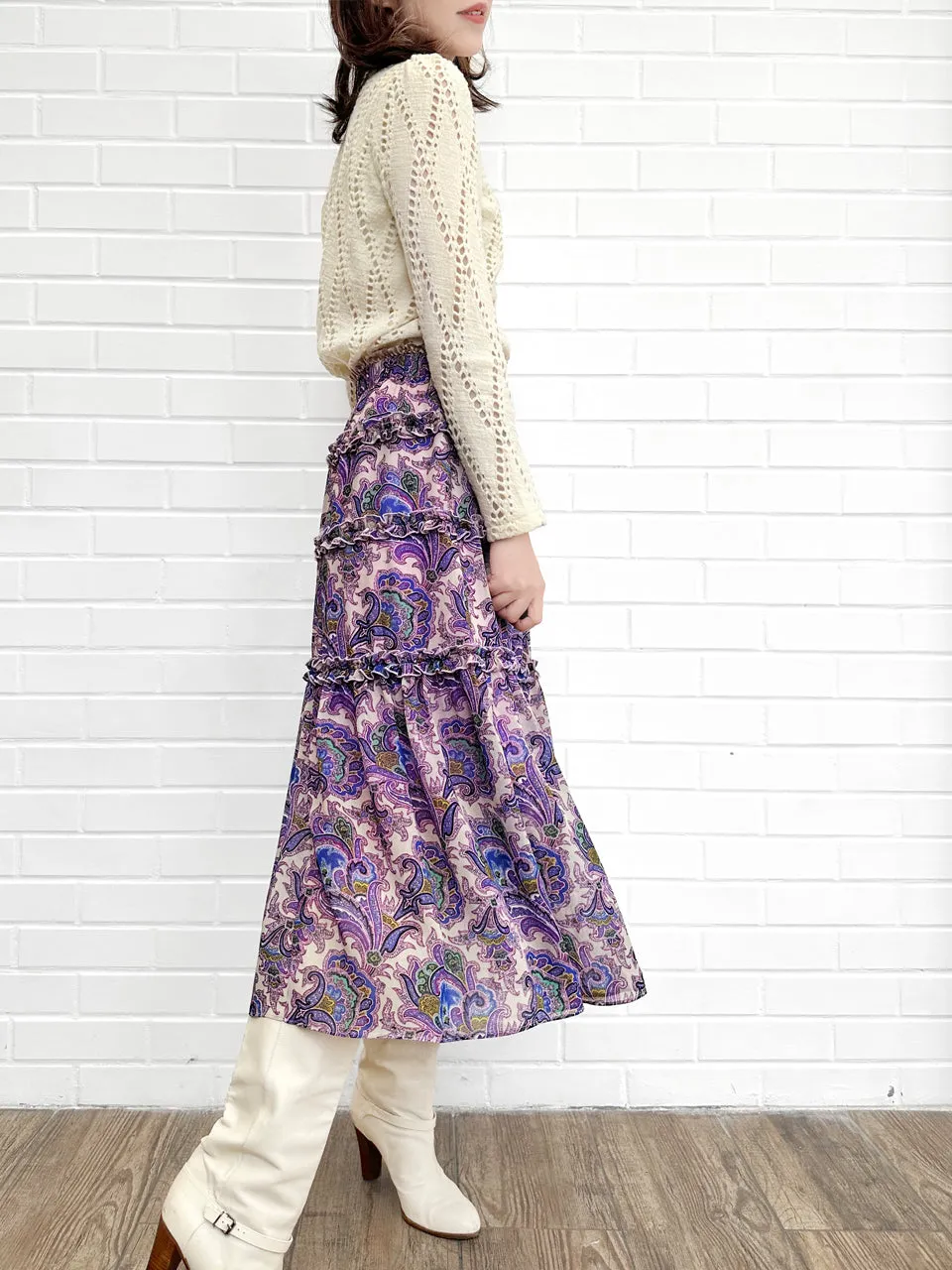 Purple Paisley Ruffle Tiers Chiffon Airy Maxi Skirt