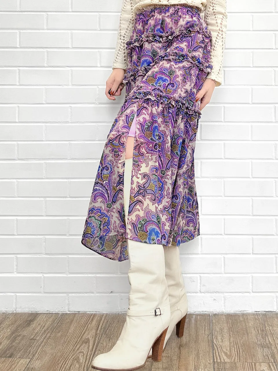 Purple Paisley Ruffle Tiers Chiffon Airy Maxi Skirt