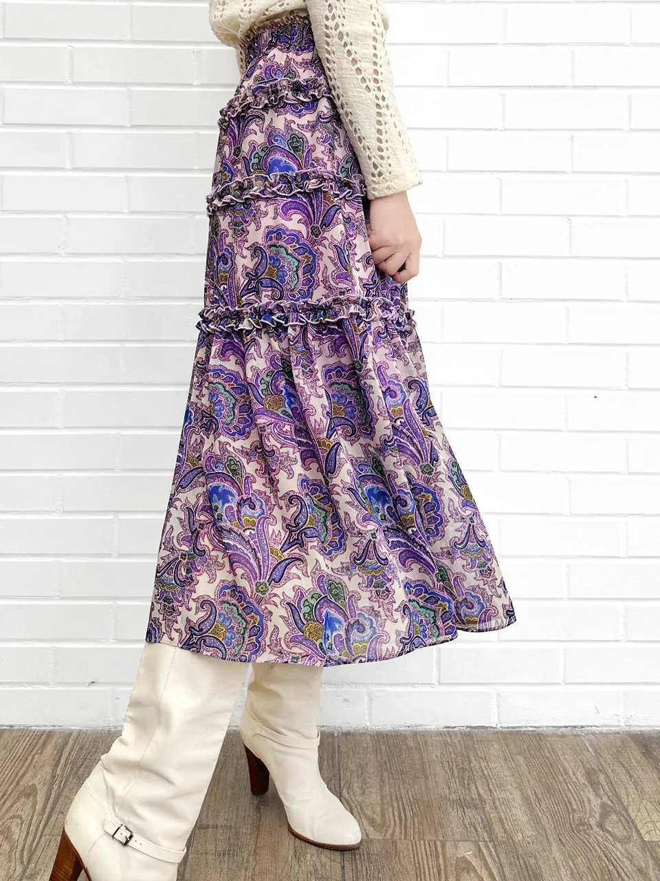 Purple Paisley Ruffle Tiers Chiffon Airy Maxi Skirt