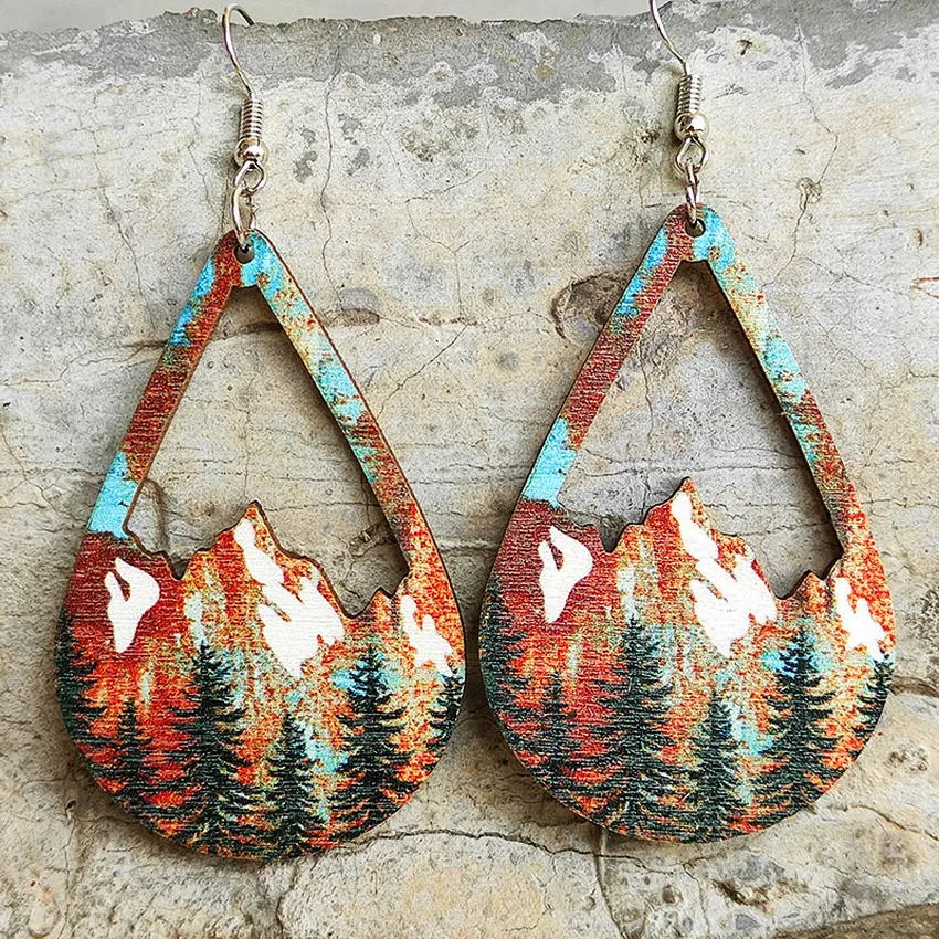 Snowy Mountain Forest Wooden Earrings