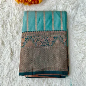 Turquoise Tranquility: Copper Zari Weaved Semi Silk Saree