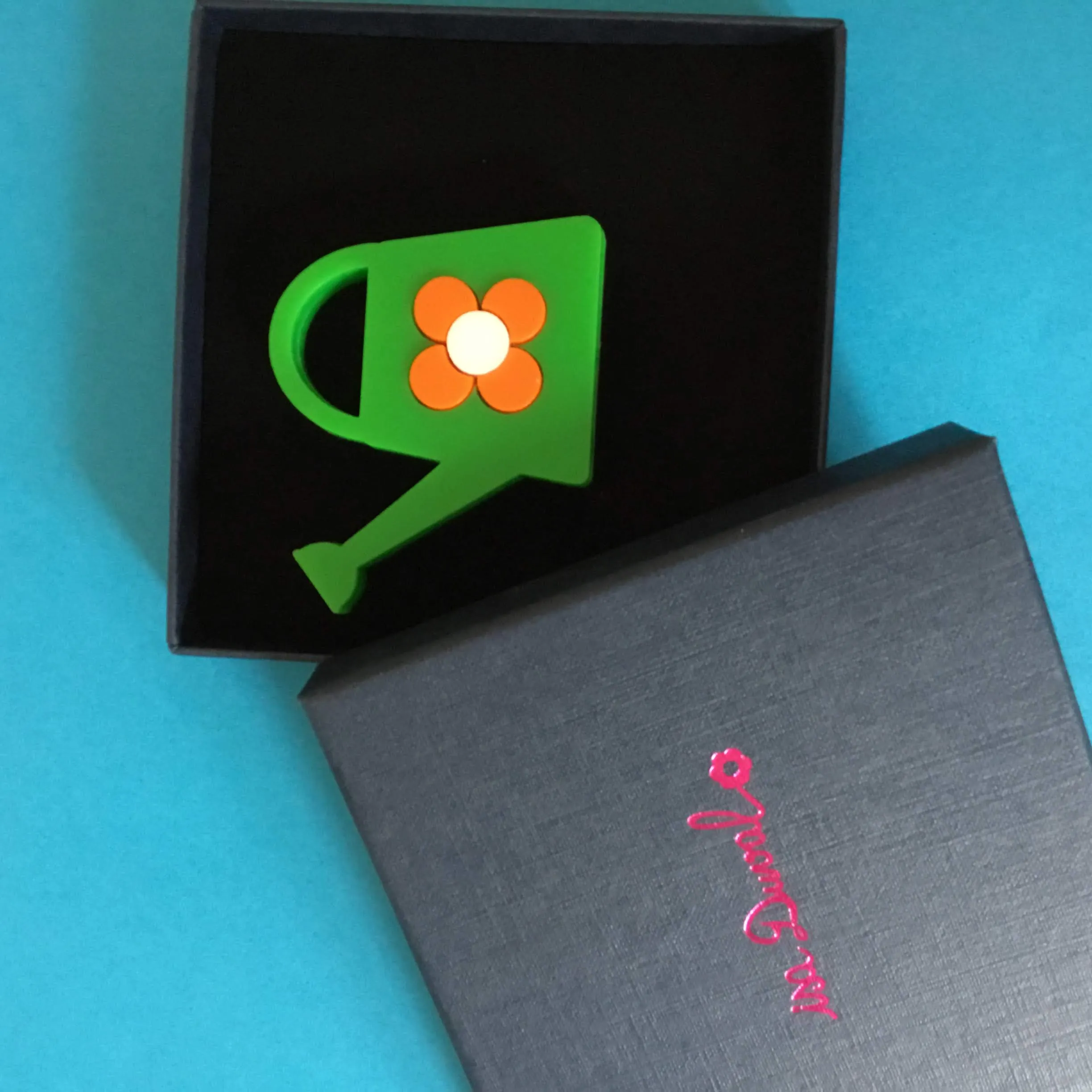 WATERING CAN Acrylic Brooch, Green With an Orange Flower 🌱 🌼